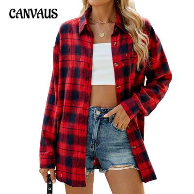 Frühling und Herbst Damen Retro Häkeln Langarm Lose Revers Plaid Shirt Jacke