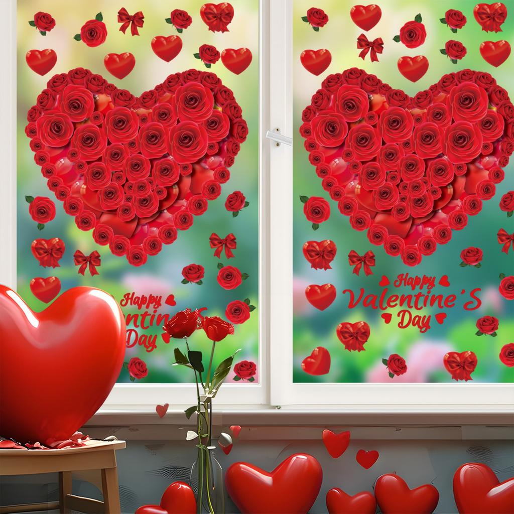 1 Sheet Happy Valentines Day Window Clings For Glass Window Red Rose Love Heart Window Clings Double Sided Visible Electrostatic Cling PVC Window