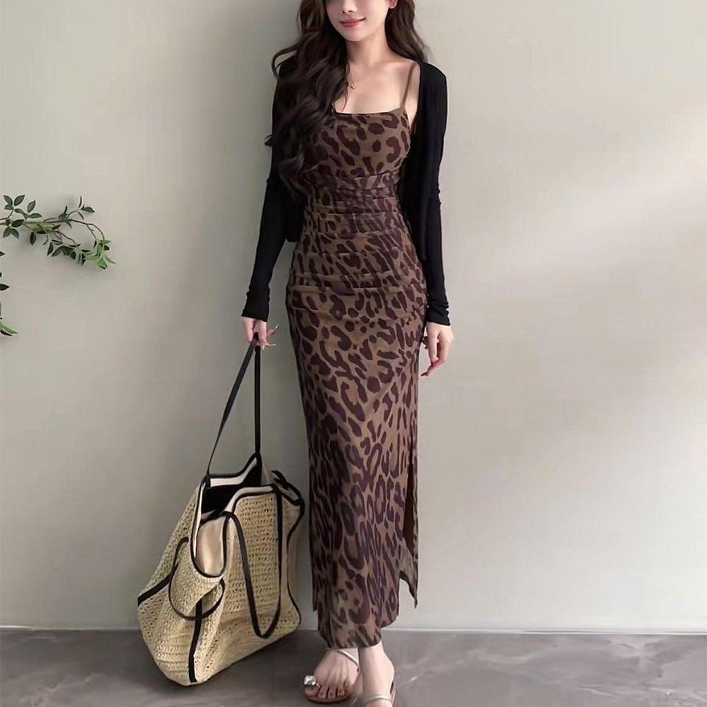 French Chic Leopard Print Camisole Bodycon Dress & Sun Protection Knit Cardigan Set