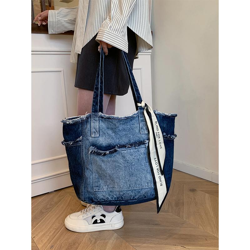 Fashi new large bag Korean style simple fashi versatile denim bow commuter design single shoulder handbag casual bag