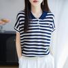 Women Knit T-shirt 100% Wool MODERN NEW SAGA Summer Knitted Shirt Short Sleeve Tees Turn-down Collar Patchwork Pullover Knit Tops