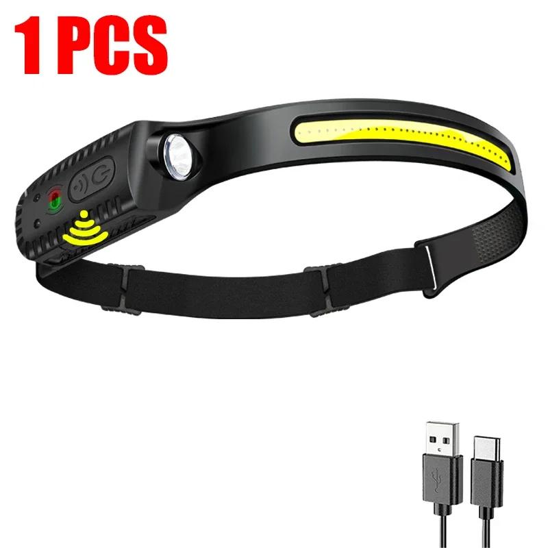 LED COB Sensor Headlamp USB Rechargeable Lamp with Built-in Battery 5 Lighting Modes Headlight Outdoor Emergency Working Lantern