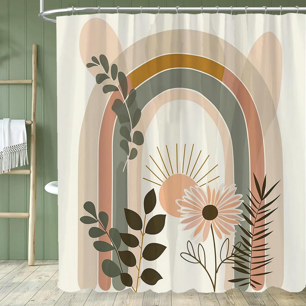1Pc Abstract Tropical Leaf Printed Waterproof Shower Curtain With 12 Hooks, Bathroom Divider, Bathroom Decor Window Curtain