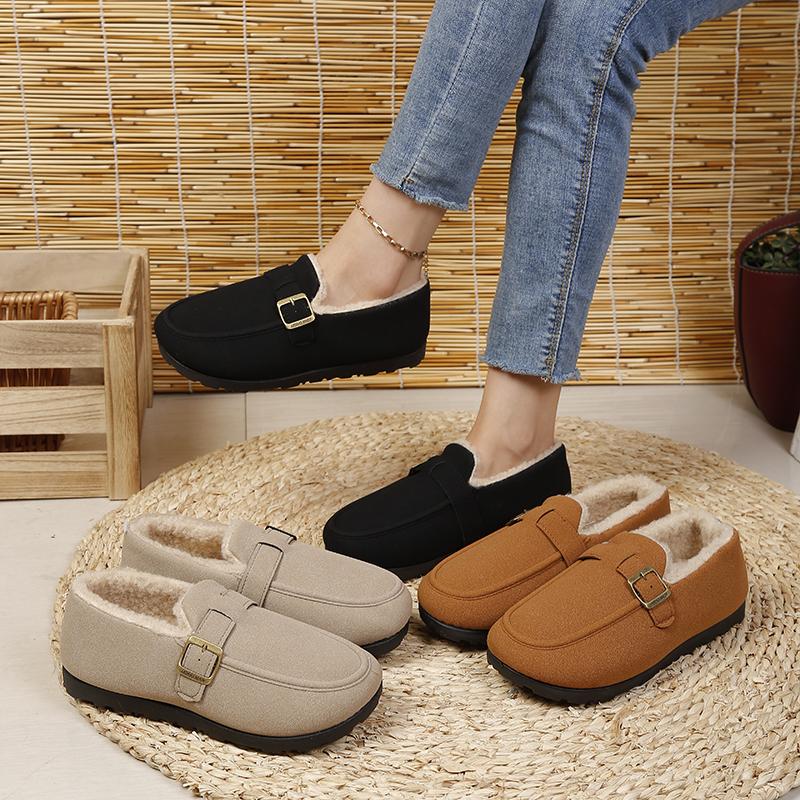 Winter Women's Warm Plush Loafers with Buckle Decoration, Plush Lining, Flat Sole, Comfortable and Casual Daily Shoes