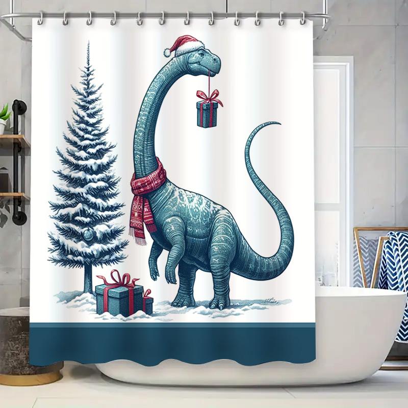 Christmas Dinosaur Shower Curtain, Blue Long Neck Dino in Santa Hat with Gifts, Fun Festive Bathroom Decor for Kids