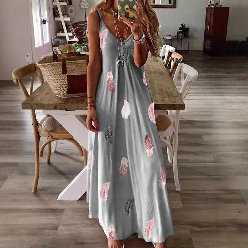 Damen V-Ausschnitt Ärmellos Spaghettiträger Maxikleid Lockerer Schnitt Federdruck Fließendes Langes Kleid Sommer Strandurlaub Freizeitkleid