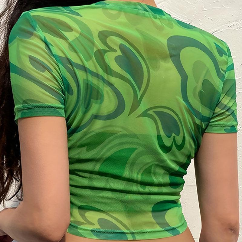 Frauen Sommer Kurzarm O Neck Liebe Herz Mesh Perspektive Bauchfrei T Shirt Top