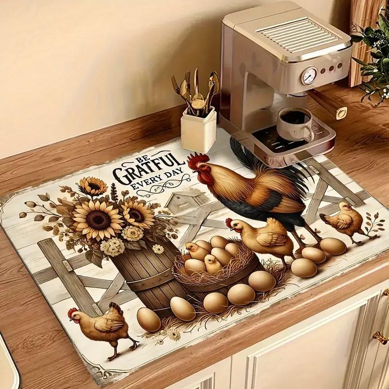 Tapis de Cuisine Imprimé Tournesols et Poulets Aspect Bois Rétro Tapis d'Égouttage Vaisselle Tapis de Table Antidérapant Tapis à Café Cuisine 20x30cm