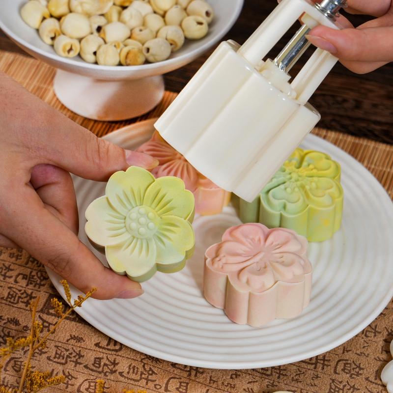 Mid Autumn Festival Round Mooncake Mold Cherry Blossom Shape Pastry Tools Diy Fondant Cake Decoration Tools Hand Press Mold