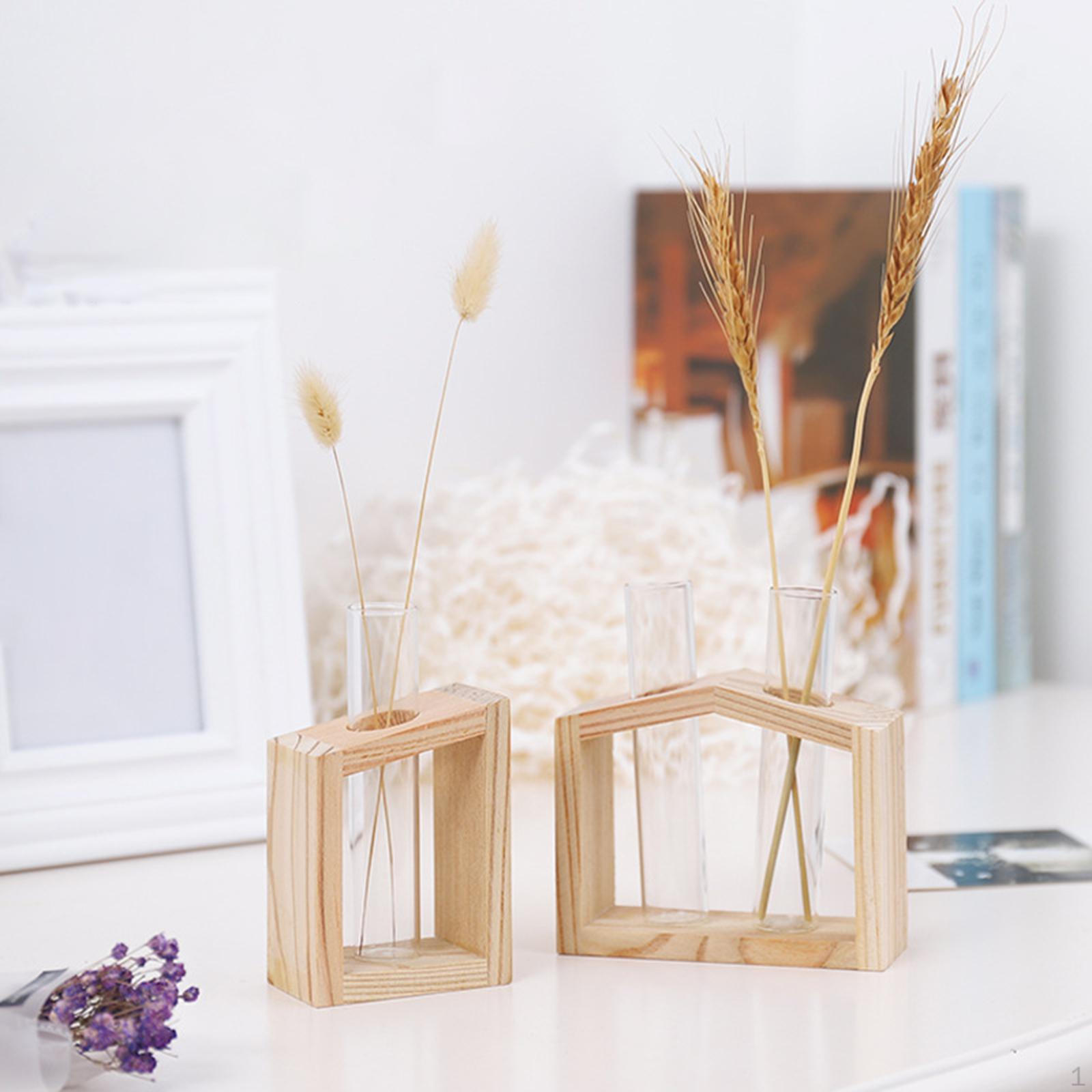 Glass Vase with Vintage Wooden Stand Desktop Terrarium for Hydroponics Plant Option 2