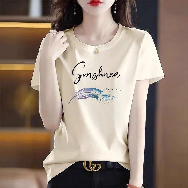 White Short Sleeved T-shirt for Women, Loose Printed T-shirt for Upper Garment