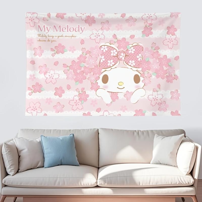 Тканое полотно My Melody Sanrio с розовыми цветами Кавайный декор стены спальни Коллекция Подарок 74x94cm(29x37in)
