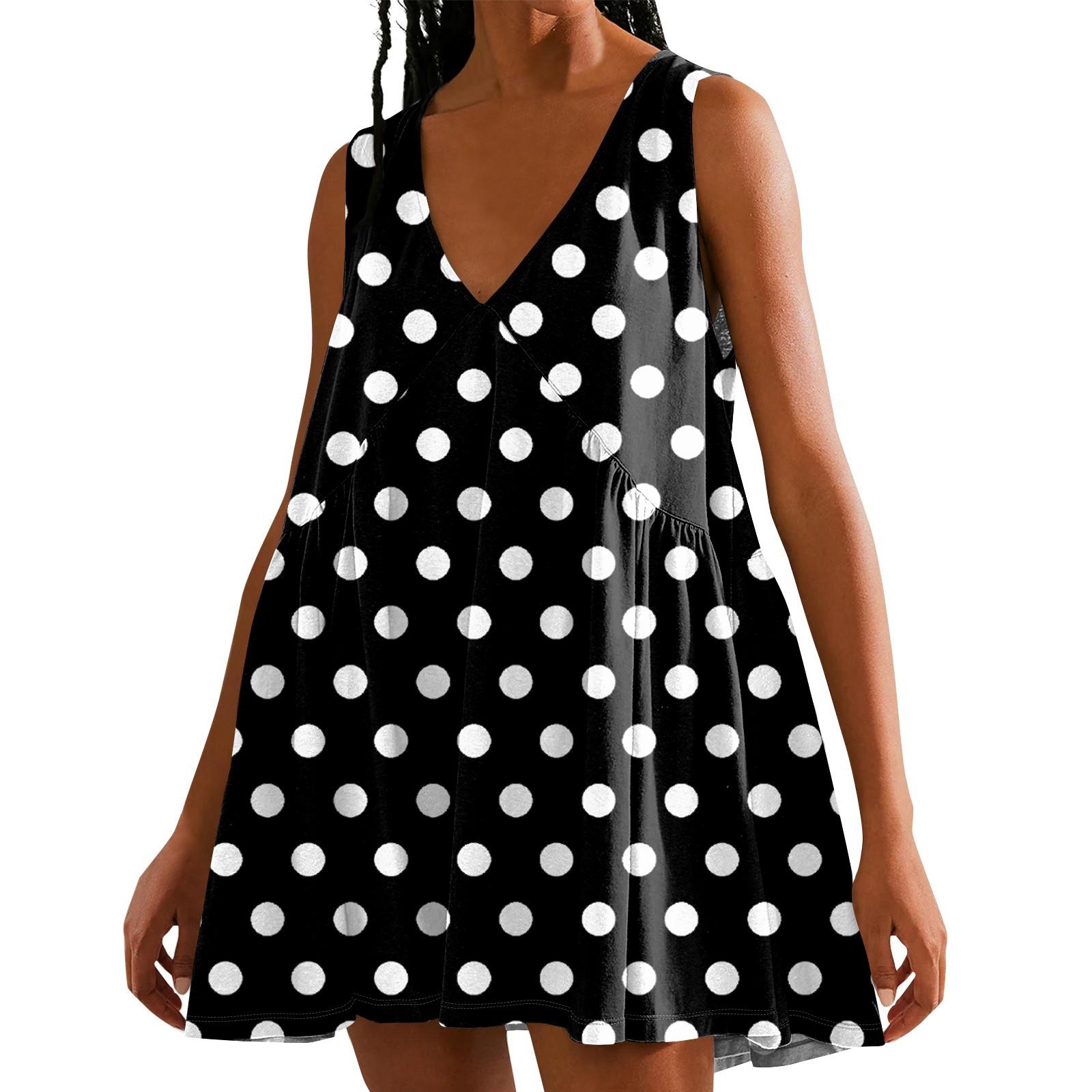 

Женское повседневное пляжное платье без рукавов с принтом в горошек и V-образным вырезом, короткая юбка M чёрный