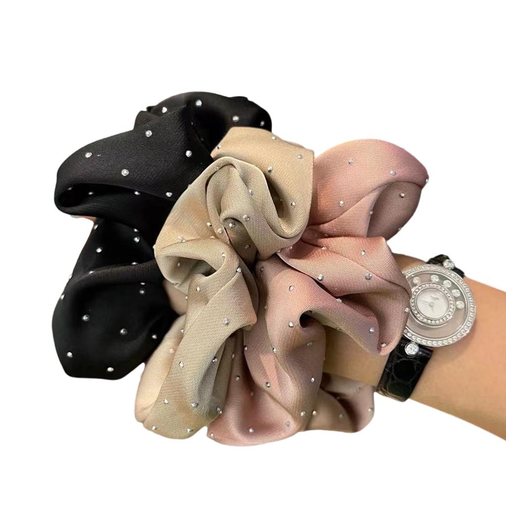 3PCS French Styles Rhinestones Scrunchie Elegant Ponytail Holder with Ruffle Fabric Fashion Hair Accessories for Women