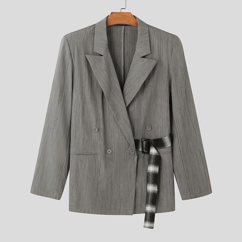 

INCERUN Men Spring Long Sleeve Plaid Belt Side Buckle Casual Loose Unlined Blazer Coats 2XL серый