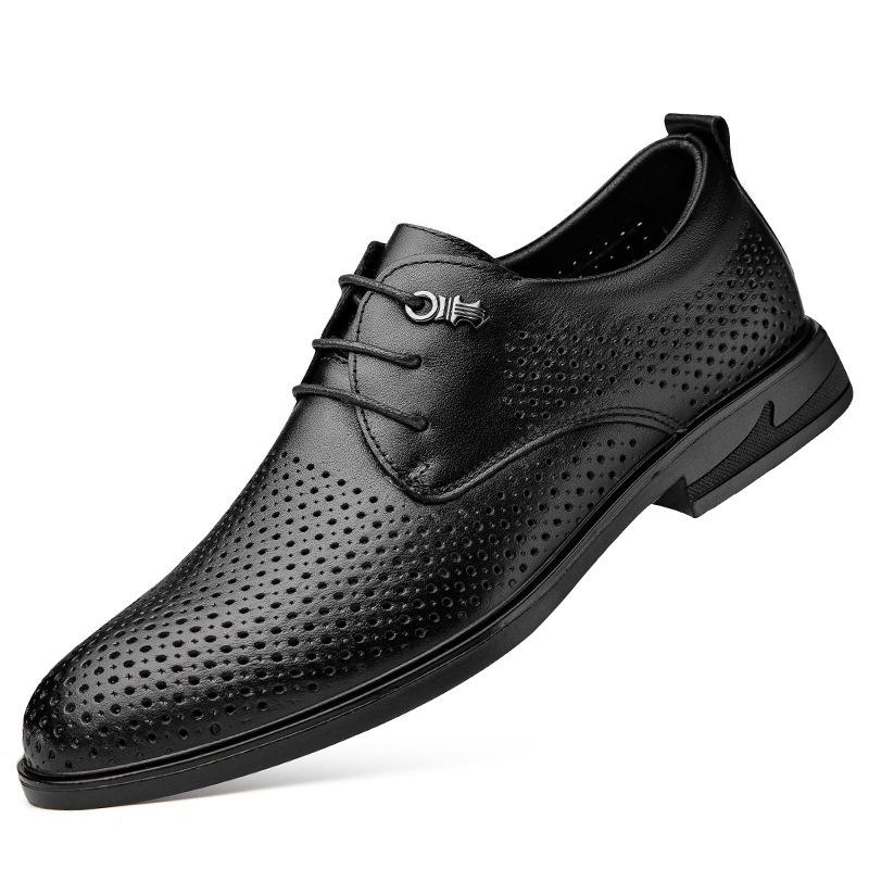 Men's leather shoes summer new business casual dress shoes men's perforated cowhide hollow breathable black leather shoes men