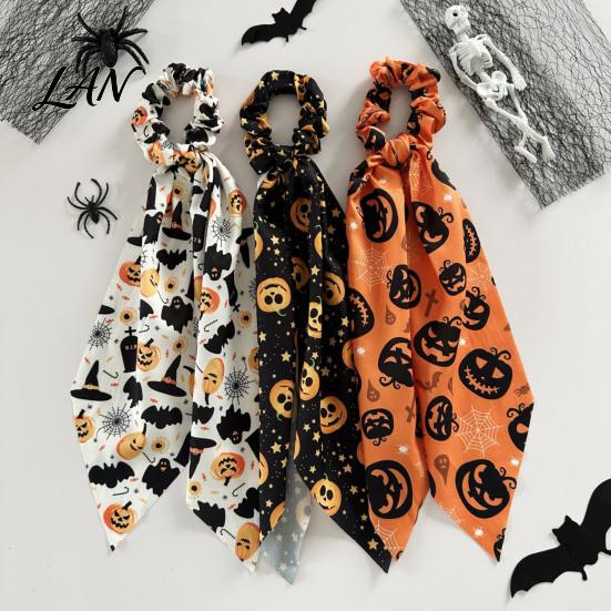 Non-damaging Hair Tie Halloween Satin Scrunchies for Women, Funny Pumpkin Printed Elastic Ties, Silky Accessory Soft Ponytail Holders, Decorative