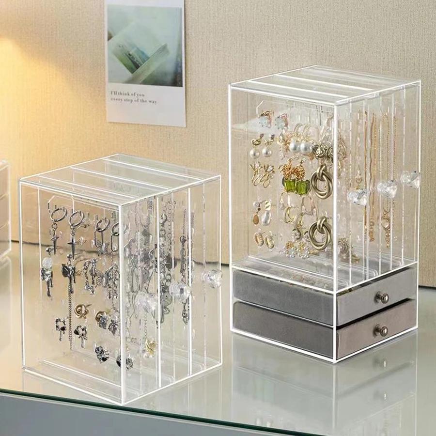 A clear earring and necklace display case, vintage plastic storage case with drawers for bracelets, rings and accessories