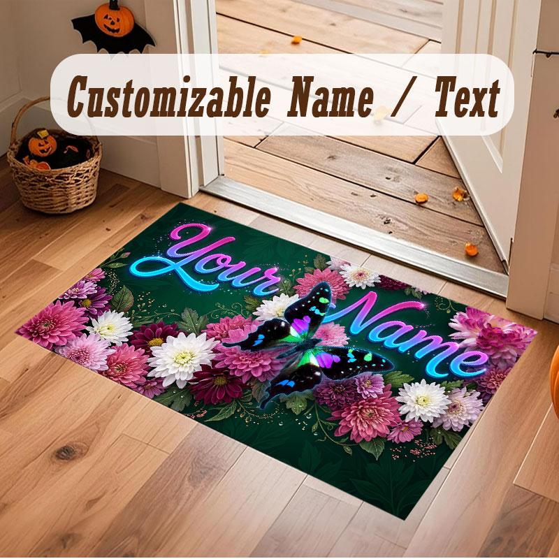 Butterfly Theme Crystal Velvet Floor Rug Personalized Custom Name Text Warm Carpet Home Decoration