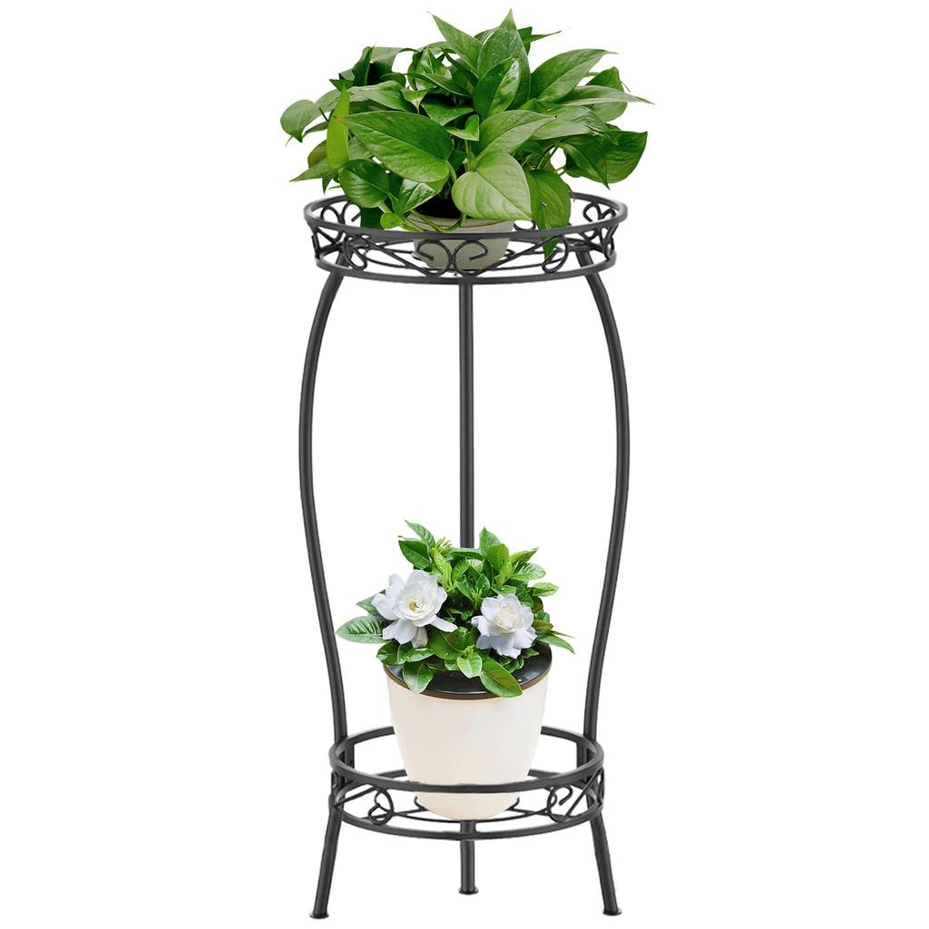 Flower flower 69cm gardening flower pot black stand, indoor, 2-tier, shelf, iron, high, rack, home, office, garden, stand, (black)