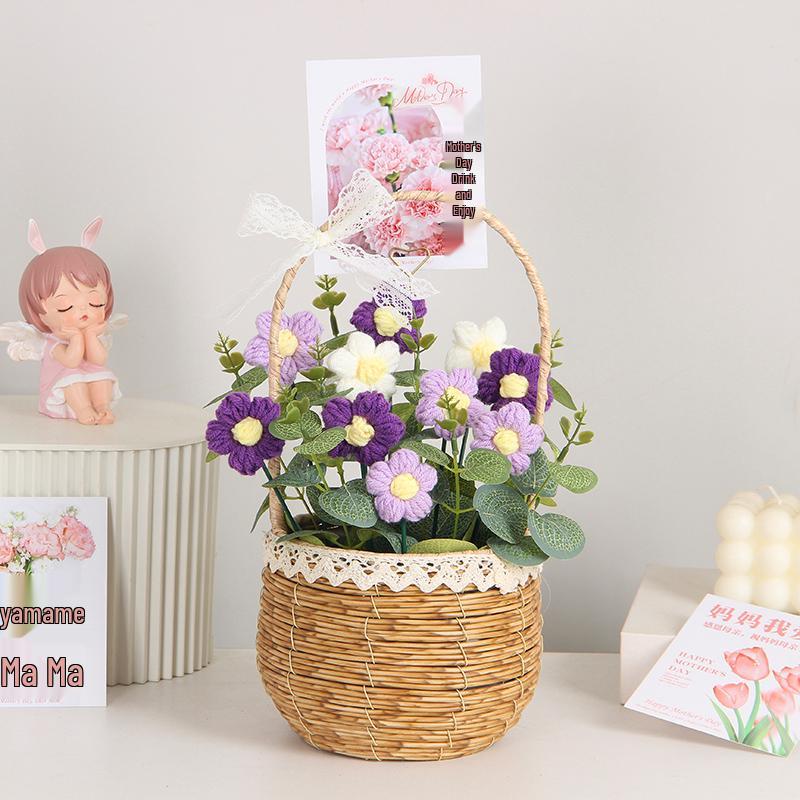 Sonnenblumen Gestrickter Wollstrauß in Handkorb - Geburtstag, Feiertag, Lehrertag, Abschlussgeschenk