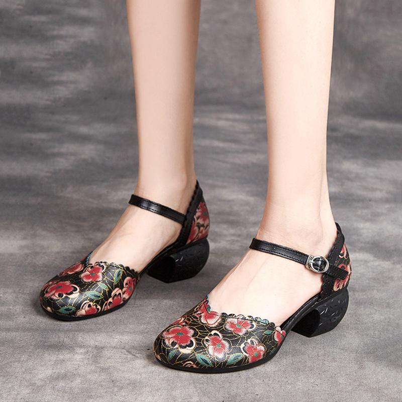 Women Shoes Summer Sandals Genuine Leather Fashion Buckle Strap Print Retro Handmade Concise Leisure Ladies Sandals Casual Shoes