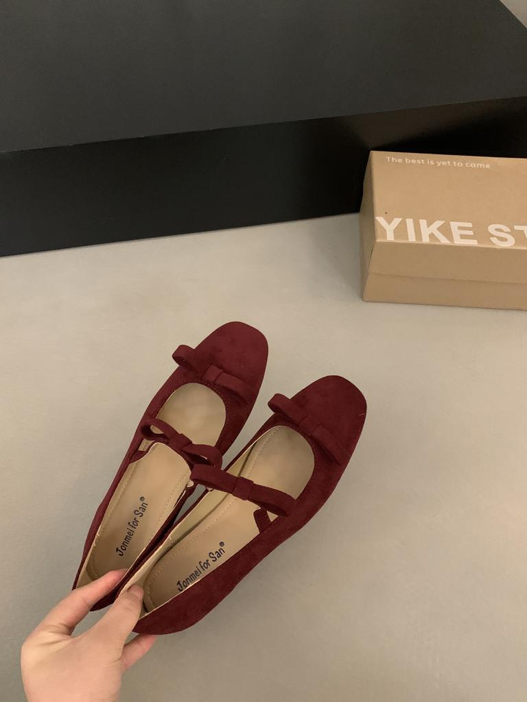 French Retro Double Bow Inner Height Increase Mary Jane Shoes Women's 2025 Autumn New Light Mouth Suede Ballet Shoes