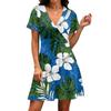 Women's Casual Short Sleeve Dress V Neck Wrap Style Tropical Print Summer Beachwear Lightweight Comfortable Fit