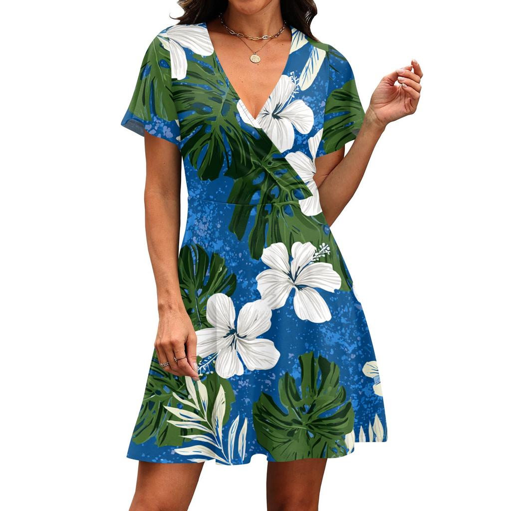 Women's Casual Short Sleeve Dress V Neck Wrap Style Tropical Print Summer Beachwear Lightweight Comfortable Fit