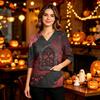 Women's Halloween Print V-Neck Uniform Top with Pockets and Side Slits, Three-Quarter Sleeve Casual Scrub