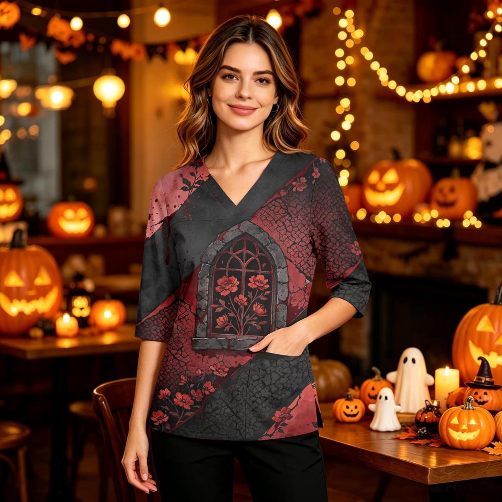 Women's Halloween Print V-Neck Uniform Top with Pockets and Side Slits, Three-Quarter Sleeve Casual Scrub