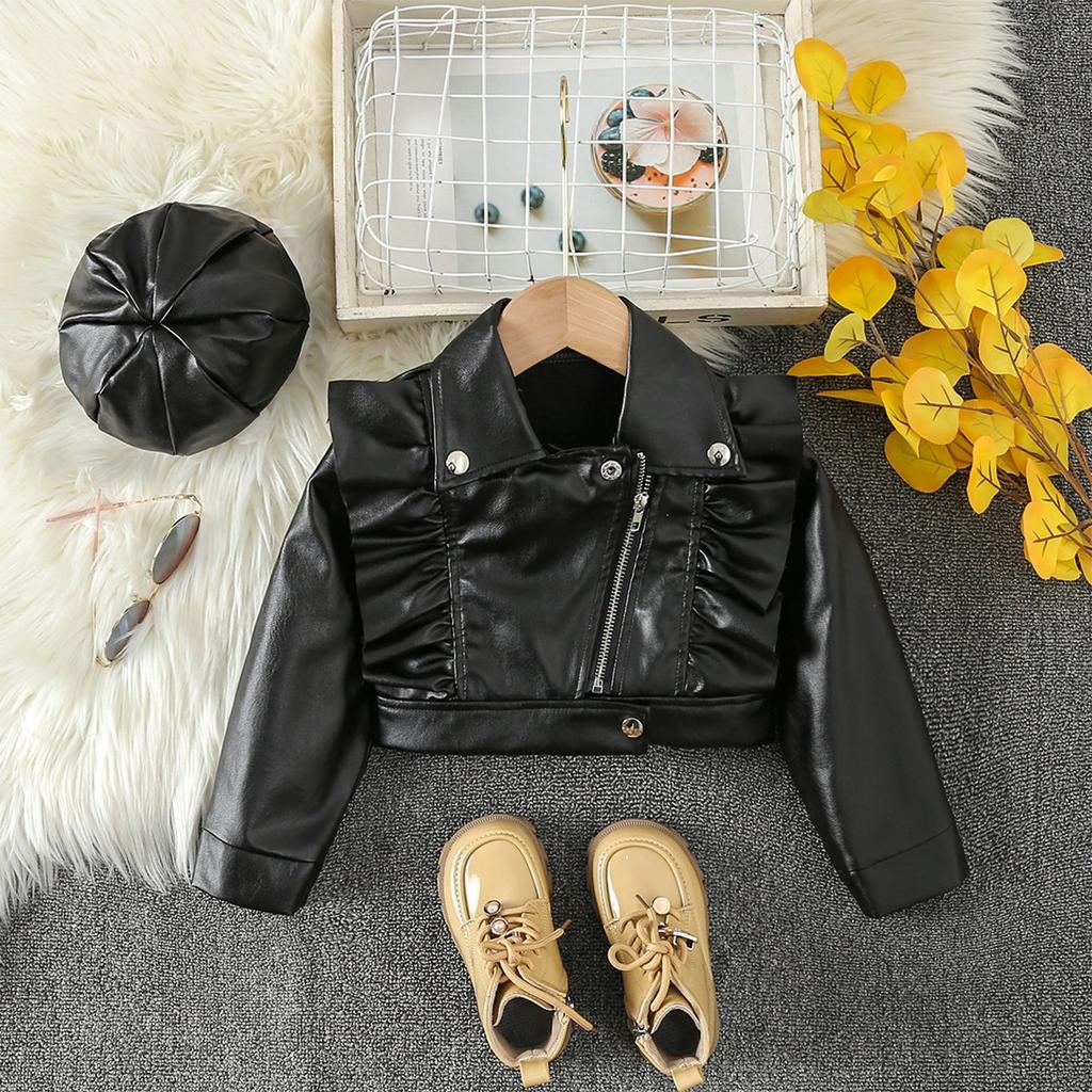 Dívčí krátká kožená bunda, módní jednobarevný motocyklový oblek, krátká bunda