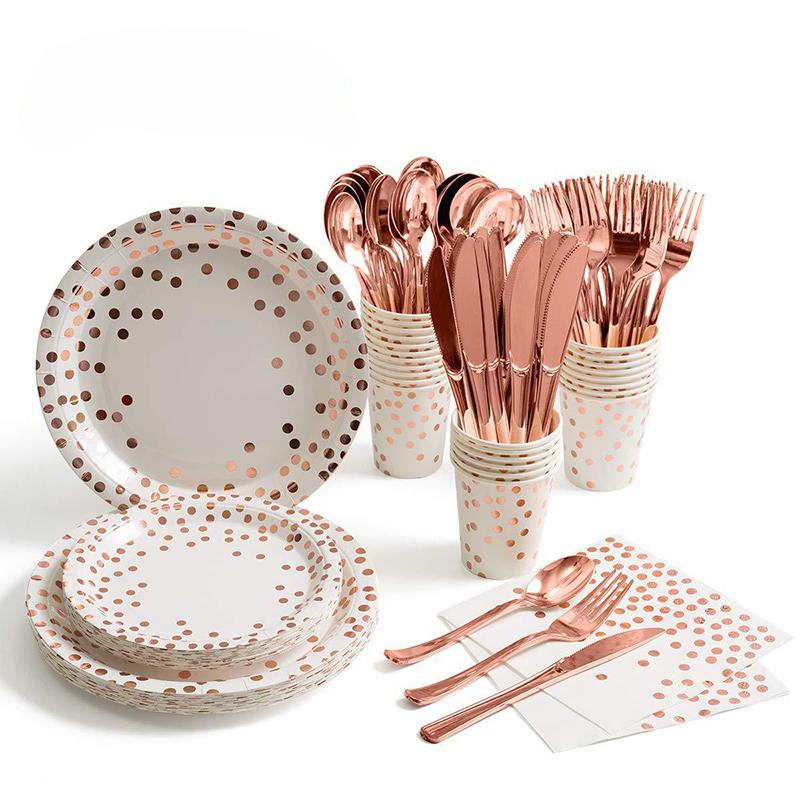Rose Gold Party Tableware Kit Table Cloth Knife Fork Spoon Paper Cup Plate Straws Baby Shower Wedding Birthday Party Decorations