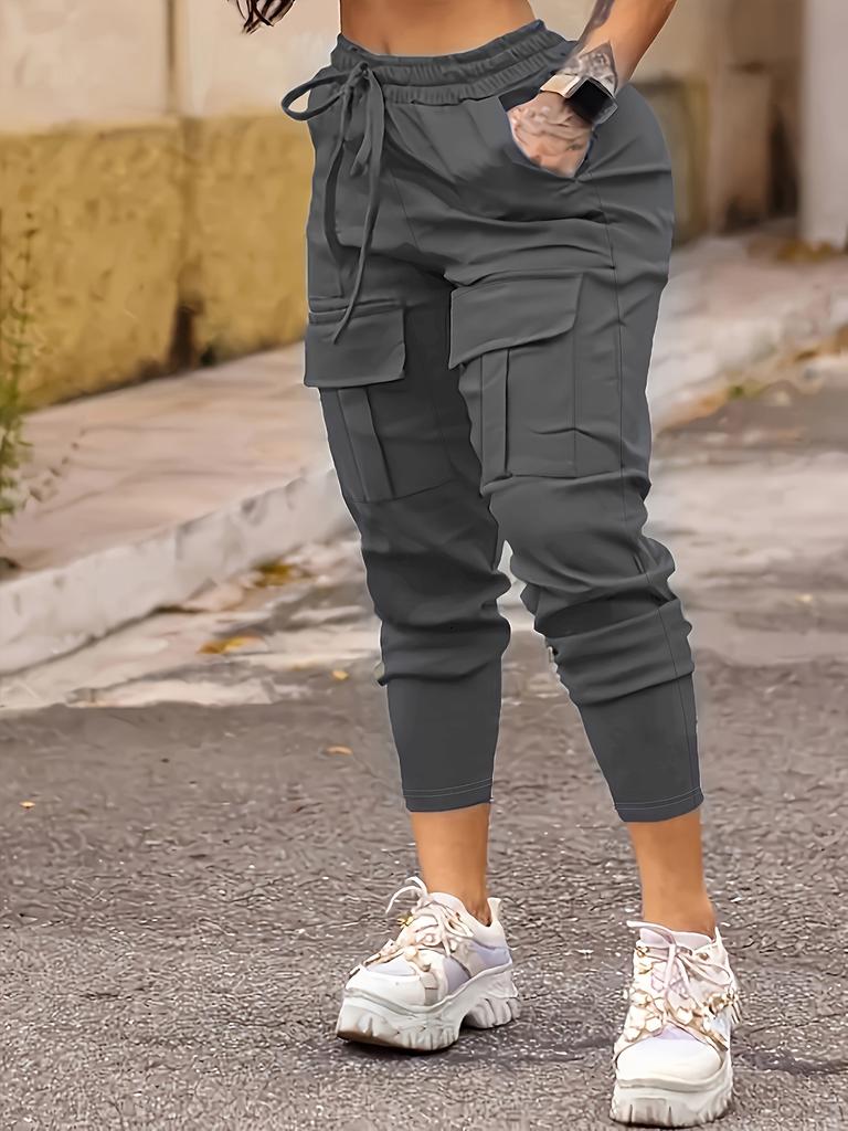 [Pantaloni Cargo ad Alta Elasticità] Pantaloni Jogger Cargo da Donna ad Alta Elasticità Stretti - Tasche Coperte, Vita con Coulisse, Colore Unico Nero Miscela di Poliestere