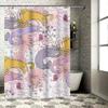 Adorable Floral Cat Printed Shower Curtain for Bathroom Decoration Pink Purple Yellow White Colorful Flowers Octopus Design Patt