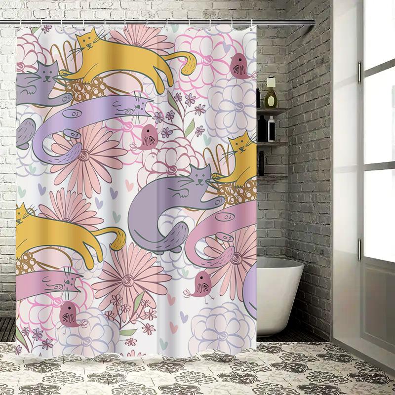 Adorable Floral Cat Printed Shower Curtain for Bathroom Decoration Pink Purple Yellow White Colorful Flowers Octopus Design Patt