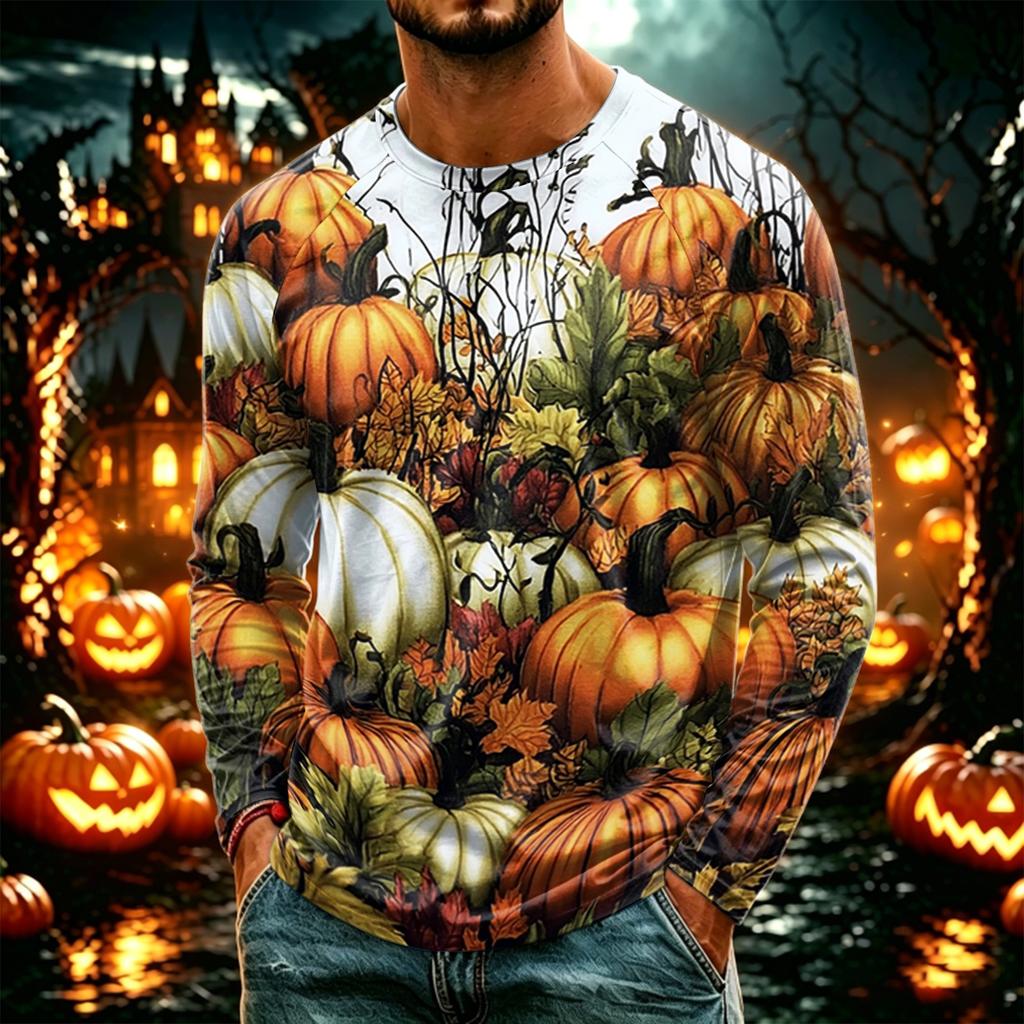 Men's Casual Halloween Print Neck Long Sleeve T-Shirt Lightweight for Daily Wear