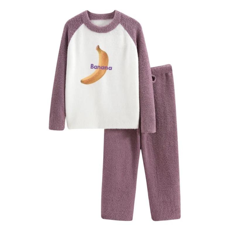 Sweet Banana Pajamas for Women Winter Half Velvet Warm Coral Velvet Home Clothes Can Be Worn