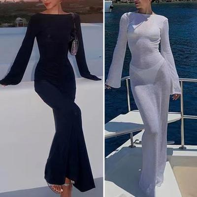 Beach Cover-up Dress See-through Round Neck Long Sleeves Slim Fit Skinny Lace-up Backless Elastic Sun Protection Anti-UV Floor Length