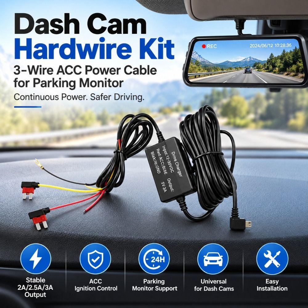 Type-C USB Port Dashcam Power Cable 12-30V Input Camera Hardwire Adapter Vehicle