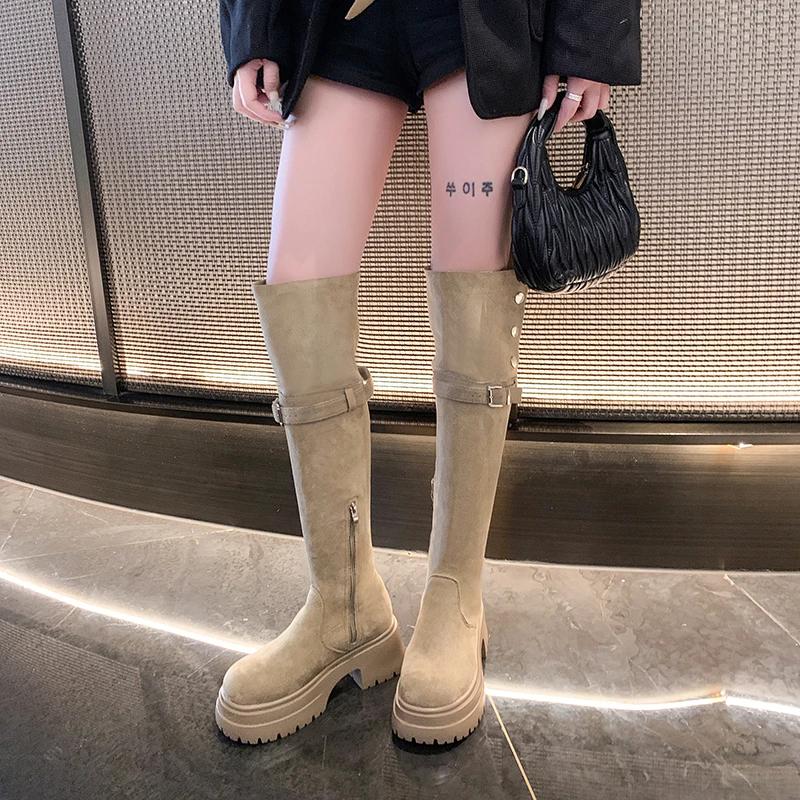 Winter Plus Velvet Knee-High Boots 2025 New Women's Shoes Side Zipper Women's Boots Fashion Metal Decoration Modern Boots Women