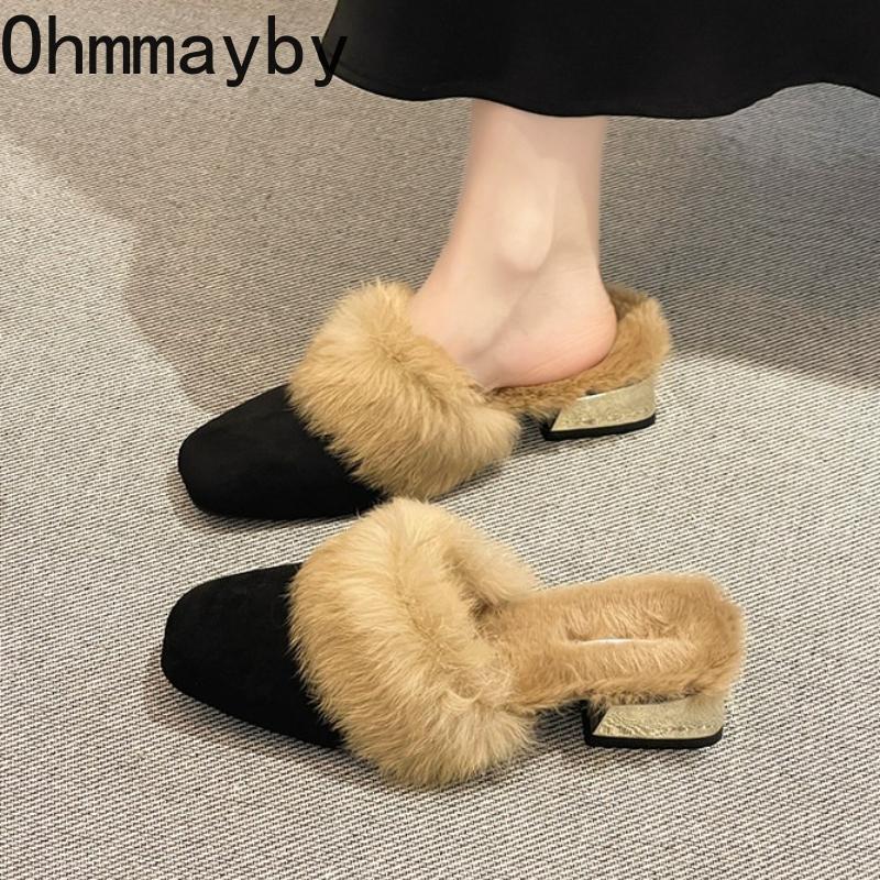 New Spring Faux Fur Women Mules Slippers Fashion Leopard Cover Toe Slide Ladies Elegant Low Heel Dress Slip On Shoes