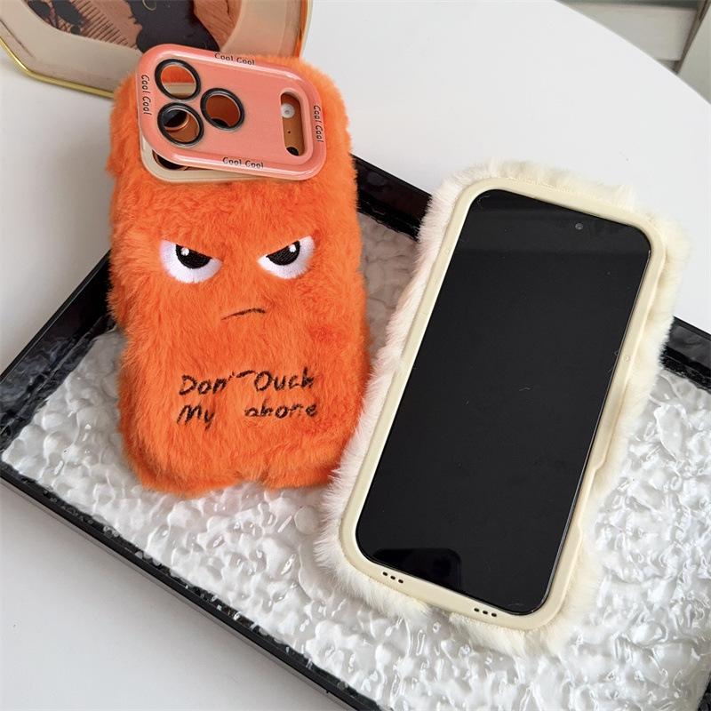 Cartoon Angry Face Expression Fluffy Plush Phone Case For iPhone Air 11 12 14 13 15 16 17 Pro Max Lens Bracket Shockproof Cover