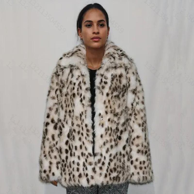 Women's fur jacket mink medium and long coat leopard print color casual winter warm babes party clothing