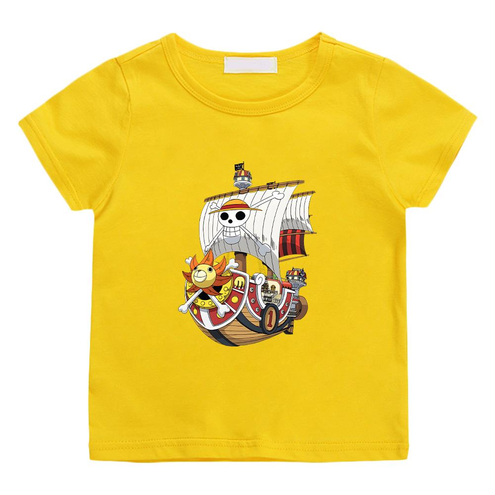 One Piece Pirate Ship Cartoon Print T-Shirt 2026 Summer New Popular Anime Printed American Casual Children Short Sleeved High Quality Cotton Boy Top