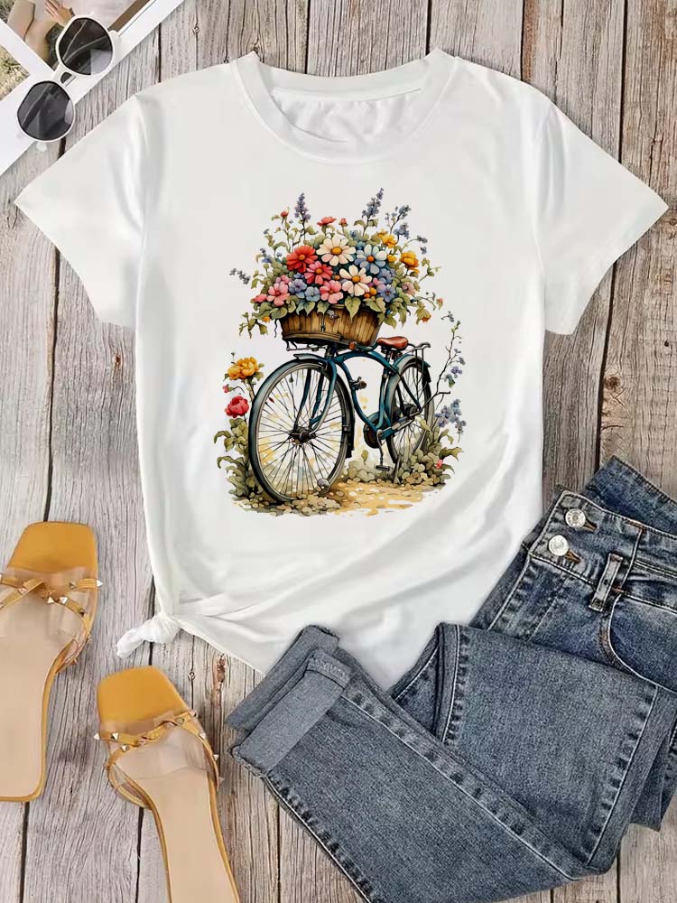 Women T Shirt Fashion Floral Bicycle Print Tshirt Women Short Sleeve O Neck T-shirt Ladies Causal Tee Shirt Clothes Tops