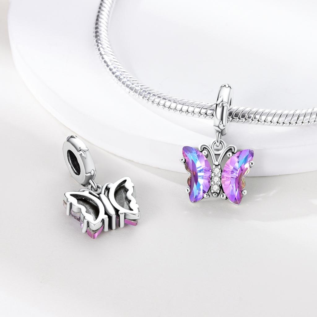 Copper Plated Purple Charms Flower Butterfly Dangle Charm Beads Fit Original Bracelet Diy Pendants