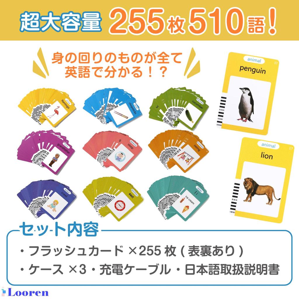 Looren Audio English Flashcards for Preschoolers and Elementary School Students: 255 Cards, 510 Words, Native Pronunciation (Pink)