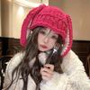 Women Winter Hat Long Bunny Ear Decor Knitted High Elasticity Warm Thick Soft Ear Protection Solid Color Windproof Anti-slip Decorative Lady Cap