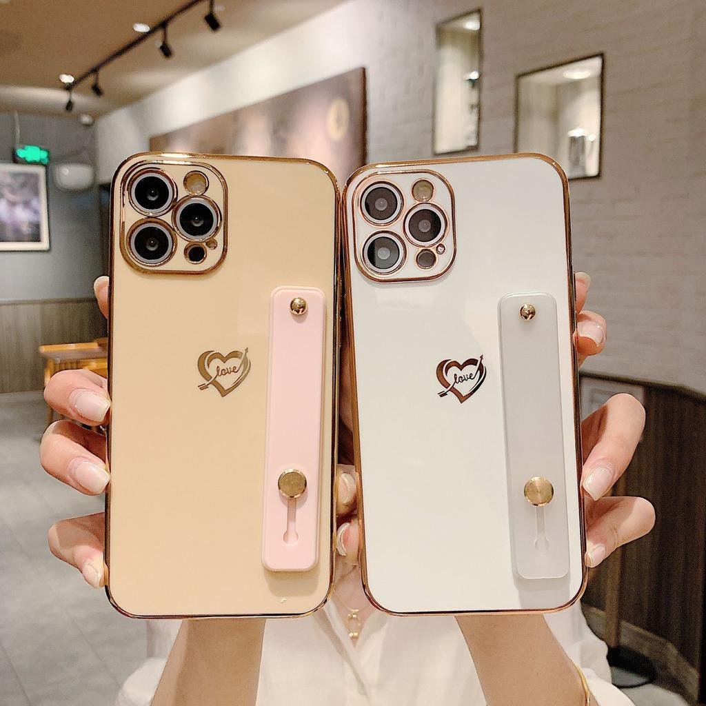Applicable To iPhone17 Mobile Phone Case New Electroplated 6D Straight Edge Side Love Wristband Bracket Apple 16 Protective Case